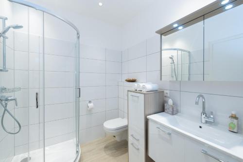 沃尔特湖畔佩莎赫Villa Bella Vista - Apartment Blue的带淋浴、卫生间和盥洗盆的浴室