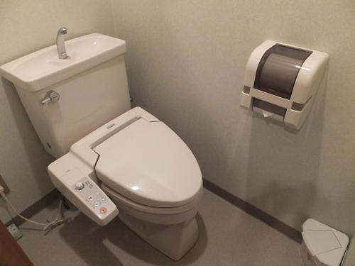 妙高赤仓久井酒店的浴室设有白色卫生间和视频游戏控制器