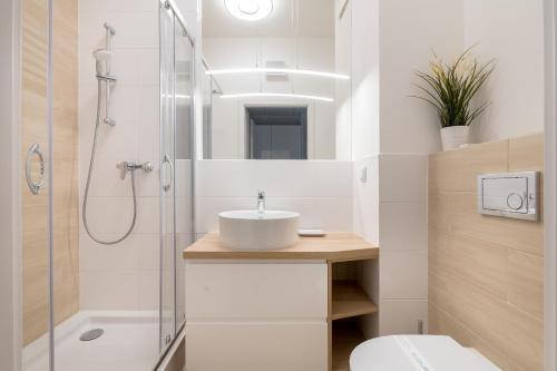 华沙Yellow Sunset Studio的一间带水槽和淋浴的浴室