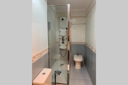 阿维拉MORGAN的一间带卫生间和玻璃淋浴间的浴室