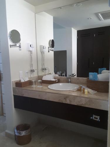艾库玛尔Akumal Bay Beach & Wellness Resort的一间带水槽和大镜子的浴室