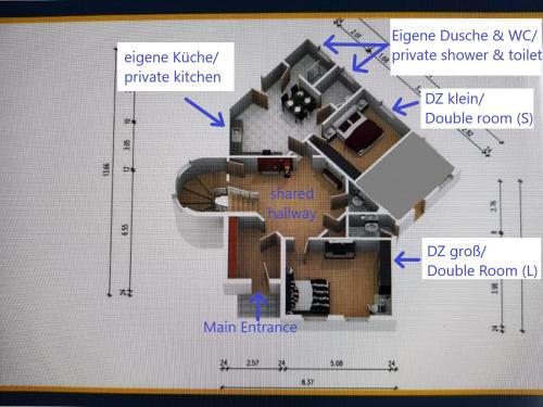 吕贝克VILLA HanseART Lübeck - Privatzimmer in zentraler Lage的房屋平面图图