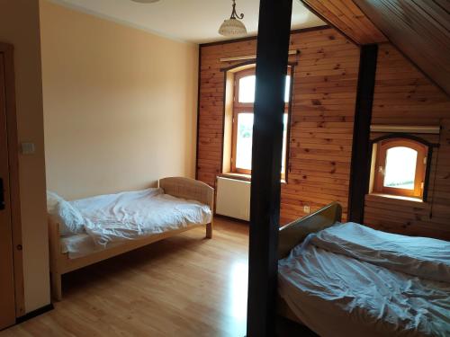 GórkiWczasy na Kaszubach的小木屋内一间卧室,配有两张床