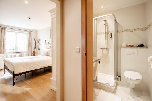 圣维特祖尔波斯特美食酒店的一间带一张床、淋浴和卫生间的浴室