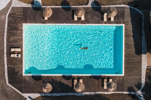 佩里沃罗黑玫瑰海滩套房酒店的游泳池的顶部景色,游泳池里的人
