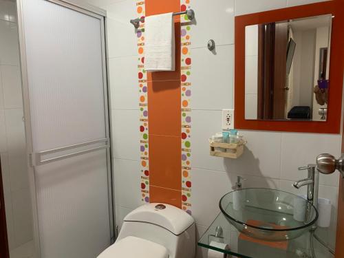 富萨加苏加Hermoso apartamento con parqueadero的一间带卫生间和玻璃水槽的浴室