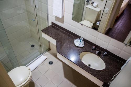 圣若泽杜斯坎普斯Summit Flat Service的一间带水槽、卫生间和淋浴的浴室
