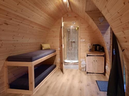 马汉莱斯Bwlcheinion Sea View Glamping的小木屋内带淋浴的小房间
