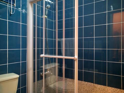 台南The LEY HOTEL 寶麗頌旅館的浴室设有蓝色瓷砖淋浴。