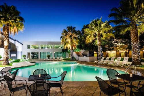 圣路易斯波托西弗艾斯塔圣卢斯普特奥斯格奥日艾塔华雷斯酒店的一个带桌椅的游泳池,棕榈树