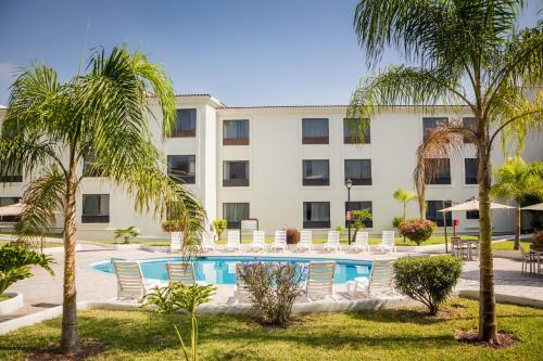 蒙特雷费斯塔蒙特雷拉费酒店的一座拥有游泳池和棕榈树的酒店