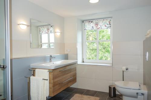 萨尔堡Das Kartenhaus的一间带水槽和卫生间的浴室以及窗户。