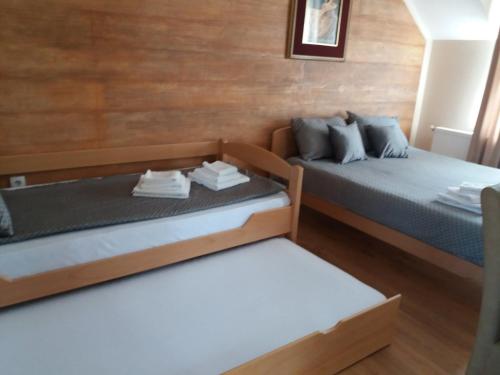 维尔蒂尼克Studio apartmani Sofija的木墙客房的两张床