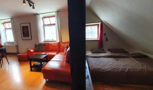 耶塞尼克Apartmá v Rodném domě Vincenze Priessnitze v centru lázní的客厅配有沙发和1张床
