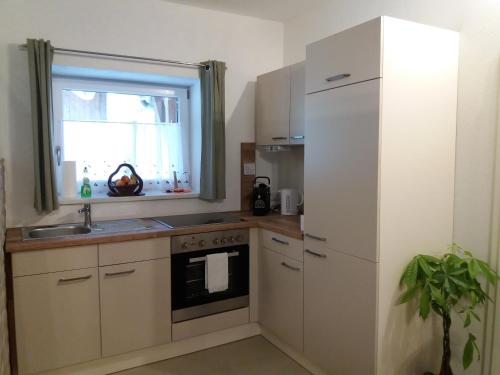 FahrenbachApartment Riedhof的厨房配有白色冰箱和窗户。