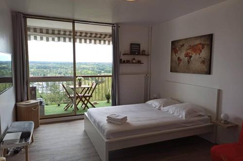 蒙特里夏尔Studio Charmant avec vue magnifique!的一间卧室设有一张床和一个大窗户