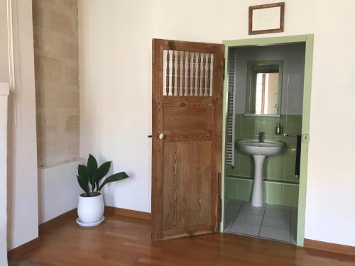 阿尔勒Le Patio d'Arles的一间带木门和水槽的浴室