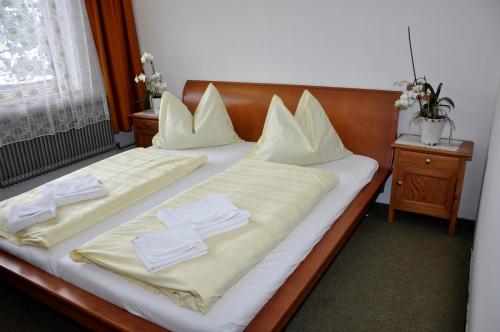 斯皮特安德劳Pension Central的客房内的两张床和毛巾