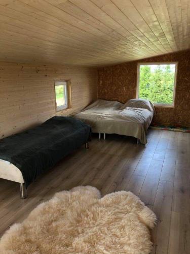 VatušiaiPas Garfildą的小木屋内一间卧室,配有两张床