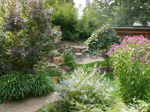 爱尔福特Villa Am Park的花中间带长凳的花园