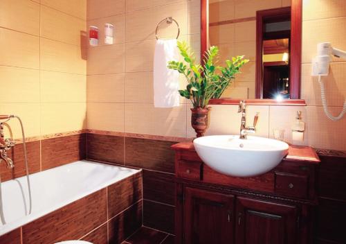 埃拉蒂扎戈里Hotel Driofillo的浴室配有盥洗盆、浴缸和盥洗盆
