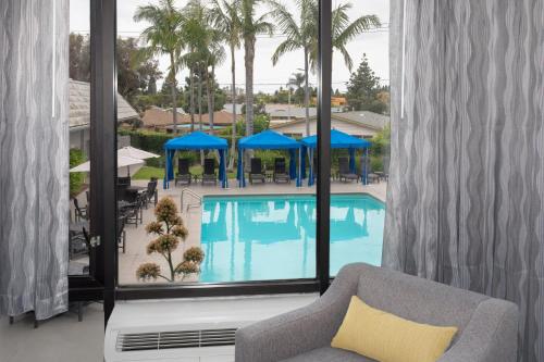科斯塔梅萨奥兰治县科斯塔梅萨皇冠假日酒店的从酒店客房可欣赏到游泳池的景色