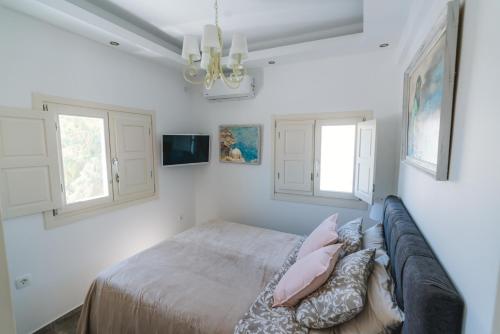 安坡里奥圣托里尼Lux house with outdoor jacuzzi and sea view in Santorini的一间卧室设有一张床和两个窗户。
