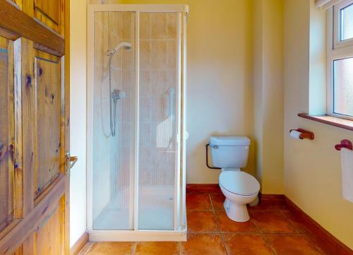 邓莫尔东Seacliff Holiday Homes的一间带卫生间和玻璃淋浴间的浴室