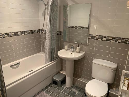 巴姆博格Brada View Bamburgh的浴室配有盥洗盆、卫生间和浴缸。