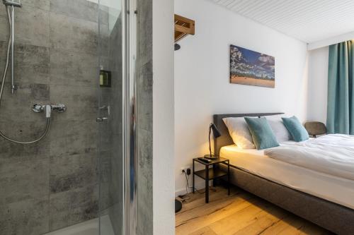 莱茵河畔因格尔海姆Hotel Clement - Bed & Breakfast的一间带淋浴的浴室和一张带玻璃门的床