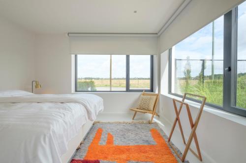 克诺克－海斯特Fabulous 4 bedrooms villa near Zwin with a garden的一间卧室配有一张床、一把椅子和窗户。