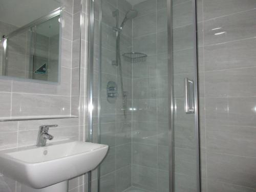 拉格比Simpson's Apartments Rugby Ltd的带淋浴、水槽和卫生间的浴室