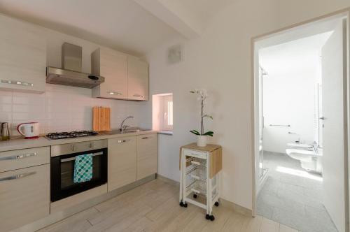 拉帕洛CASA ROSA- Appartamento nel verde con posto auto, zona tranquilla,wifi gratuito,aria condizionata的白色的厨房配有炉灶和水槽