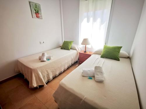 桑卢卡尔-德巴拉梅达Mirador de Doñana, Apartamentos Living Sur的客房内的两张床和绿色枕头