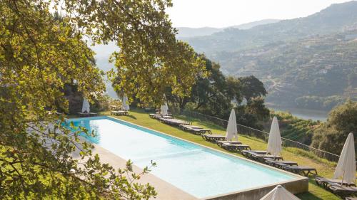 拜昂杜罗宫水疗度假村酒店的一个带草坪椅和遮阳伞的游泳池