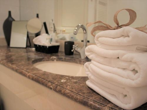 Mer勒斯日维斯德拉特内酒店的浴室柜台配有水槽和毛巾
