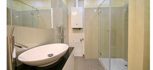 维也纳Schönbrunn Luxury Apartment的一间带水槽和玻璃淋浴的浴室