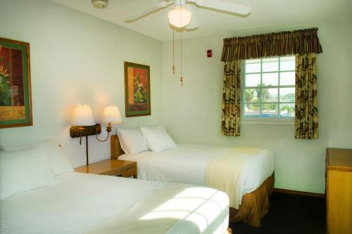 圣地亚哥The Beach Cottages的酒店客房设有两张床和窗户。