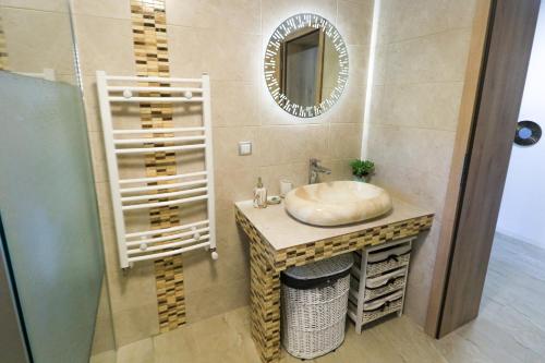 锡比乌NIKAS APARTMENT的一间带水槽和镜子的浴室