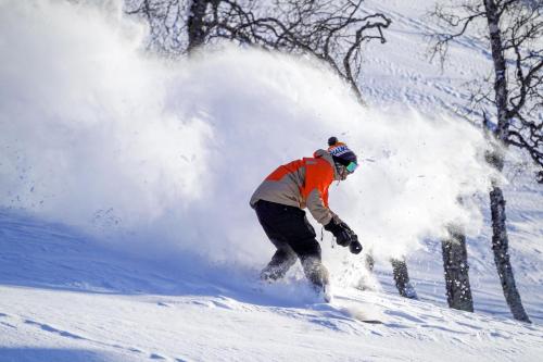 VågsliHaukelifjell Skisenter的一个人在雪覆盖的斜坡上骑滑雪板