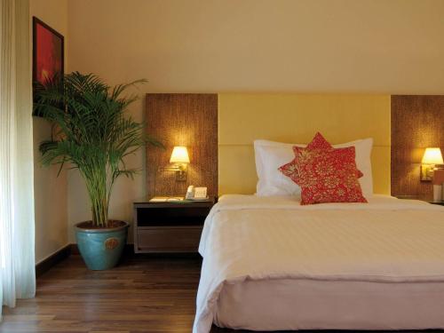 亚喀巴亚喀巴莫温匹克度假公寓的酒店客房,配有床和植物