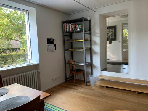 雷根斯堡F80-Die FEINE Ferienwohnung的一间设有桌子、书架和窗户的房间