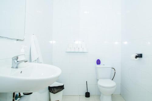 塞维利亚Onefam Centro的白色的浴室设有水槽和卫生间。