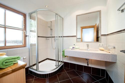 巴特霍夫加施泰因布兰德本哥特农家乐的带淋浴、盥洗盆和镜子的浴室