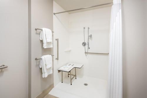 West PlainsHoliday Inn Express & Suites West Plains Southwest, an IHG Hotel的带淋浴和盥洗盆的白色浴室