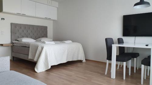 图尔库Toimiva uusi yksiö keskustassa的一间卧室配有一张床、一张桌子和一台电视