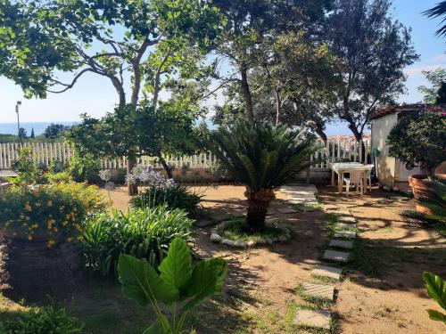 特罗佩阿Appartamenti Del Sole的花园,花园中设有围栏和桌子,还有一些植物