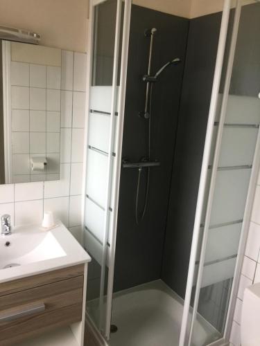 坎佩尔TGV酒店的浴室里设有玻璃门淋浴