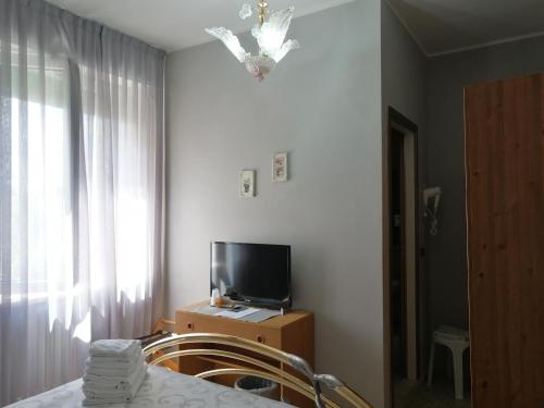 毕威格利亚努La Locanda di Bivigliano的一间卧室设有一张床、一台电视和一个窗口。