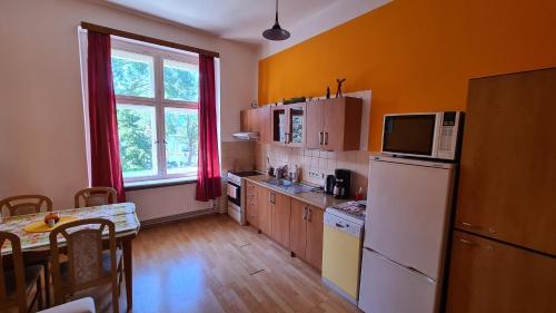 瓦恩斯多夫德拉思科咖啡厅公寓的厨房配有白色冰箱和桌子